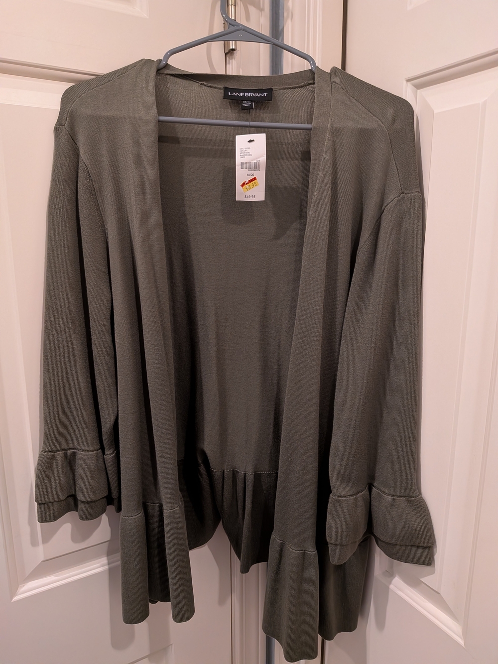 Lane Bryant Olive Ruffle-Hem Open Cardigan